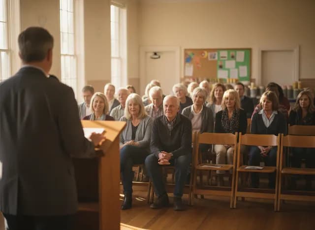 An association meeting in a community hall, members listening to a speaker