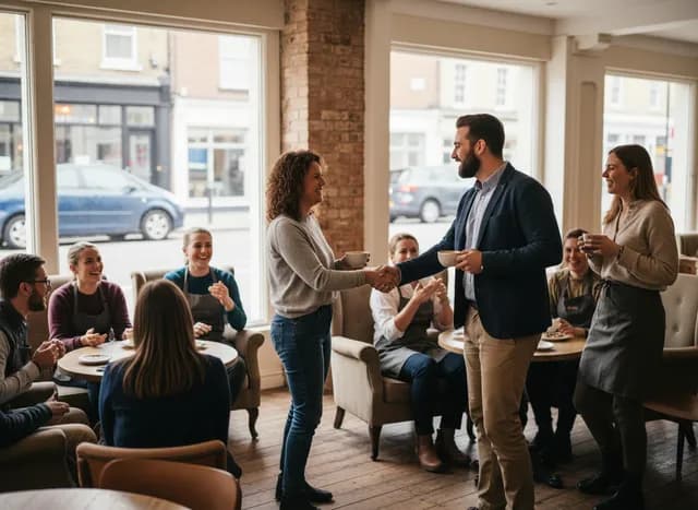 Local business owners shaking hands over coffee in a bright venue