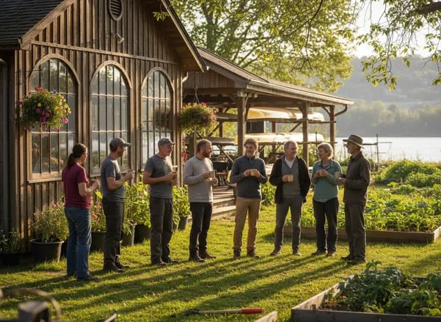 Members of a local club chatting with mugs outside their clubhouse
