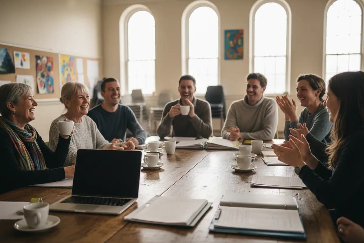 A volunteer committee laughing together around a wooden table in a community hall