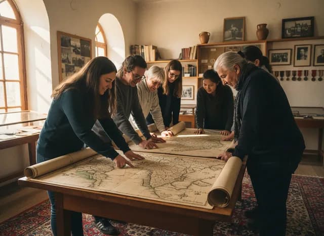 Society members gathered around an old map on a table in a small museum room